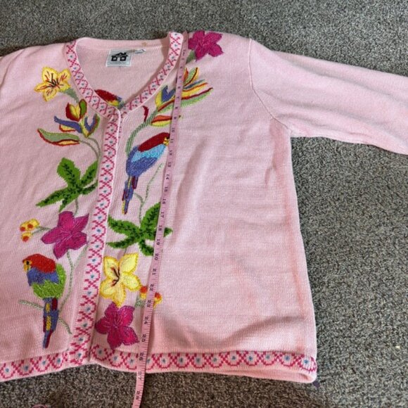 Embroidered Floral Parrot‎ Cardigan Pink Button Up Sweater Quirky Women - Picture 6 of 9